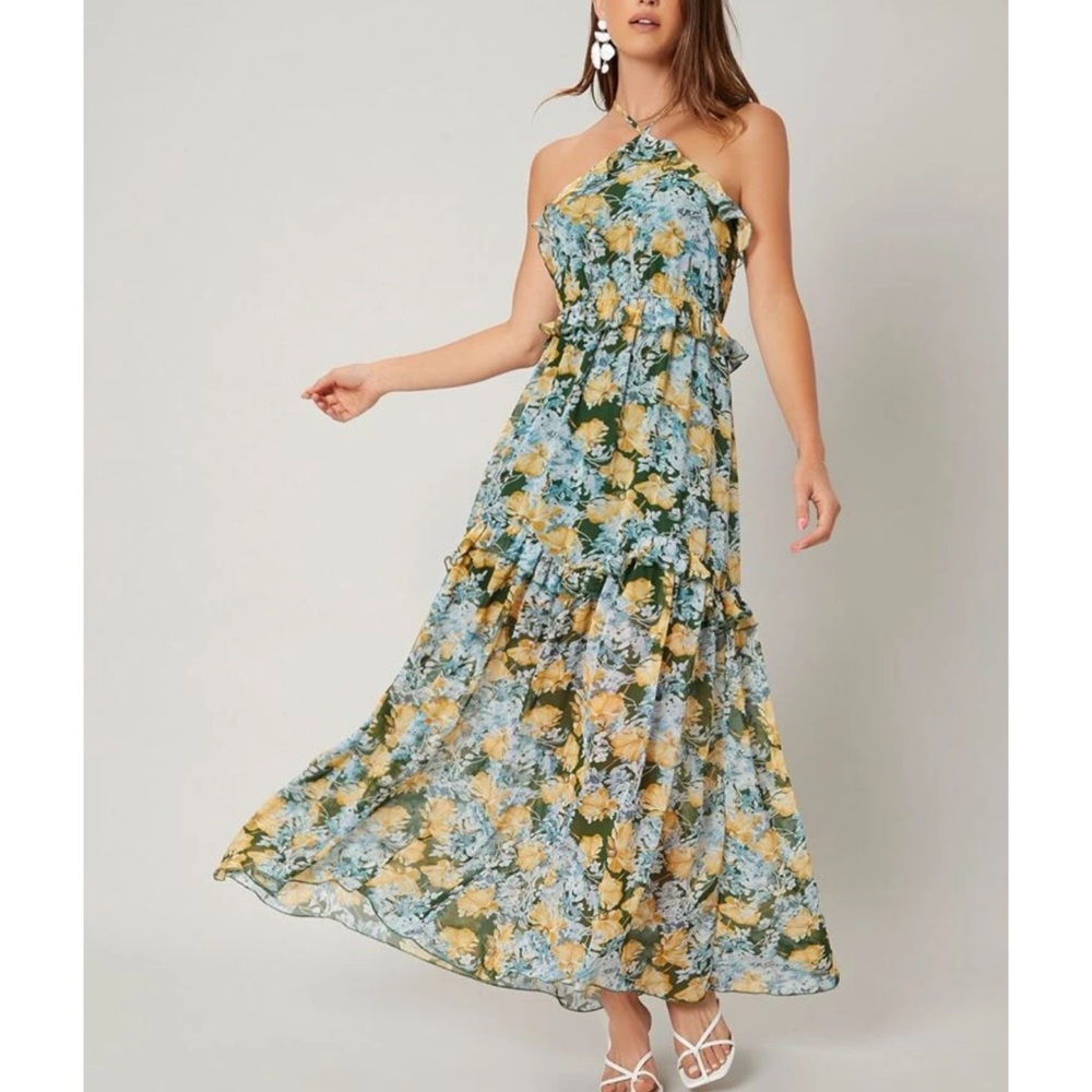 NWT Tie Backless Layered Ruffle Floral Halter Dress